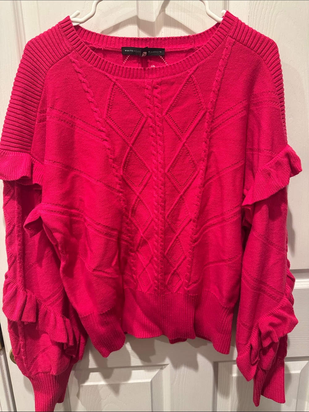 White House Black Market Hot Pink Ruffle Cable-Knit Sweater